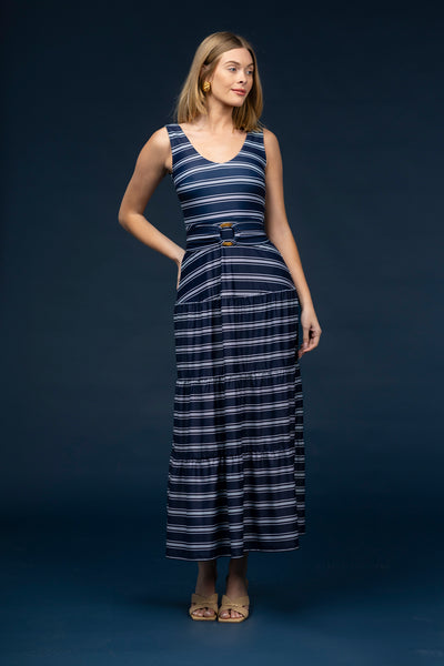 blue ginger dresses Smith & Quinn | The Dress in Harbor Stripe | Women's Size Final SaleS | Luxury Boutique Clothing Featuring a square neckline Ashley Jersey V-Neck Gown dresser cabinet Size:Small (0/2)